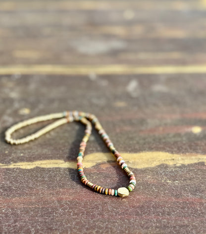 Ocean Jasper Gemstone Stretchy Necklace with Gold Circle Pendant