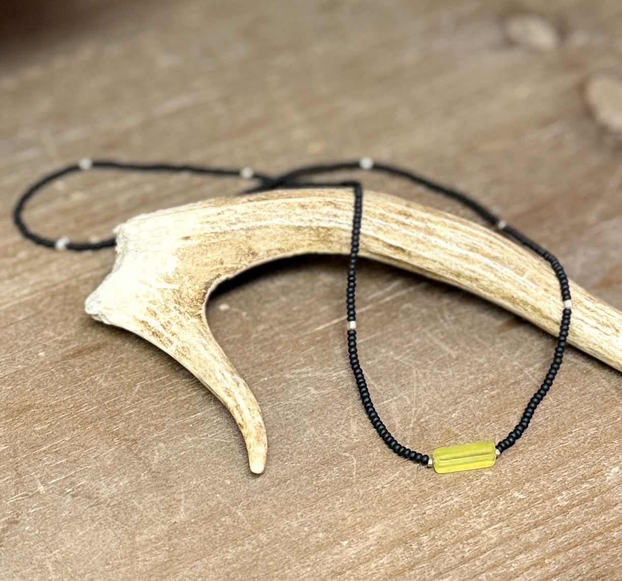 Stretchy Black Seed Bead Necklace with Yellow Jade Gemstone Pendant