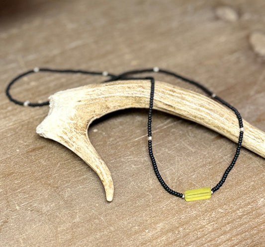 Stretchy Black Seed Bead Necklace with Yellow Jade Gemstone Pendant