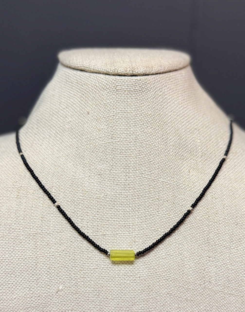 Stretchy Black Seed Bead Necklace with Yellow Jade Gemstone Pendant