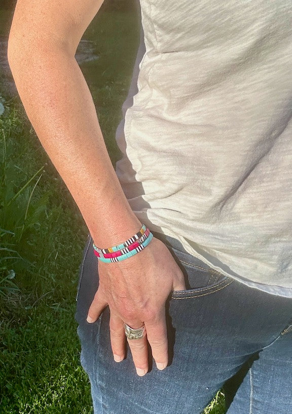 Turquoise or Pomegranate Pink Zebra Striped Stretchy Tila Bead Bracelet