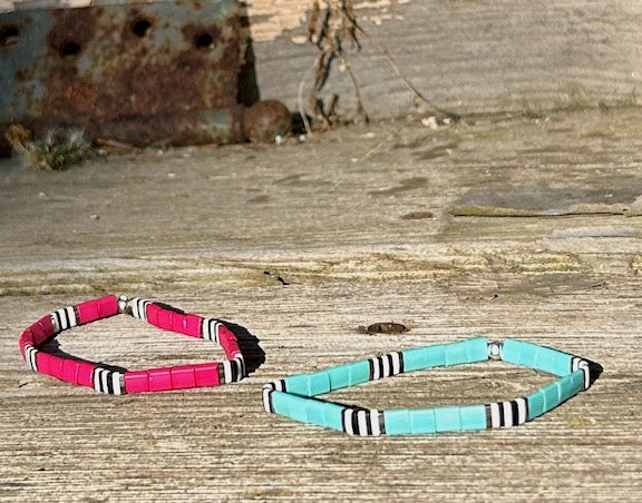 Turquoise or Pomegranate Pink Zebra Striped Stretchy Tila Bead Bracelet