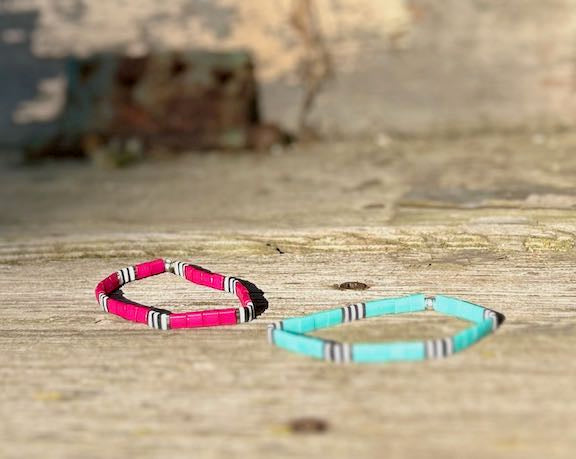 Turquoise or Pomegranate Pink Zebra Striped Stretchy Tila Bead Bracelet