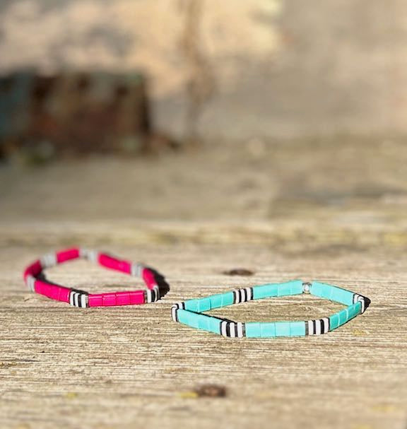 Turquoise or Pomegranate Pink Zebra Striped Stretchy Tila Bead Bracelet