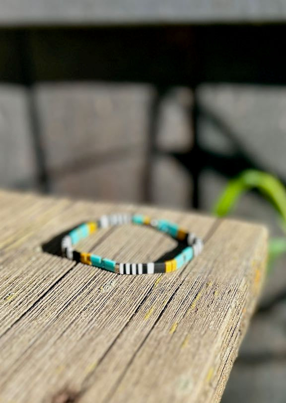 Turquoise & Yellow Zebra Striped Stretchy Tila Bead Bracelet