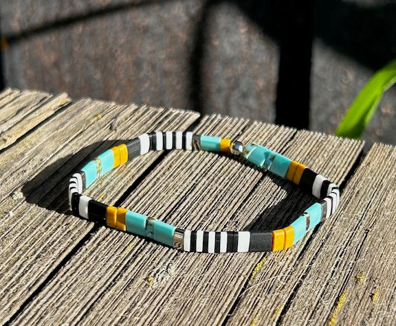 Turquoise & Yellow Zebra Striped Stretchy Tila Bead Bracelet