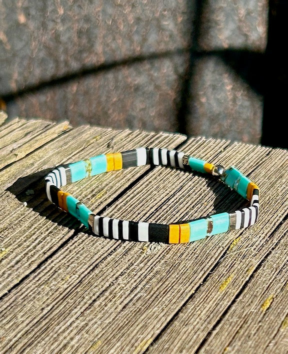 Turquoise & Yellow Zebra Striped Stretchy Tila Bead Bracelet