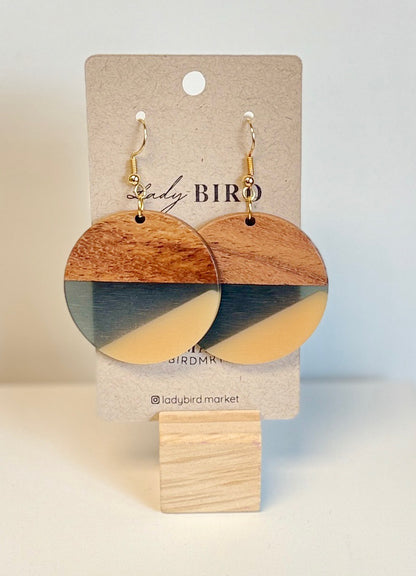 Walnut Wood Zen Black & White Resin Large Coin Earrings