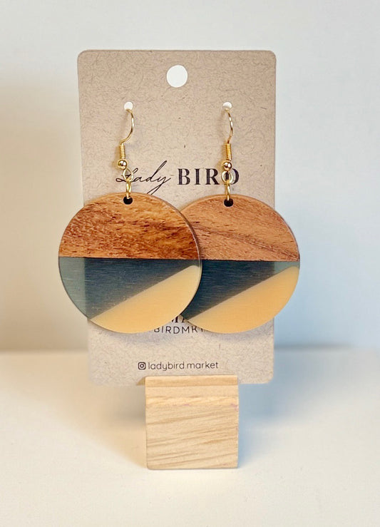Walnut Wood Zen Black & White Resin Large Coin Earrings