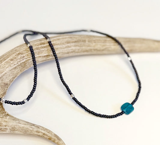 Stretchy Black Seed Bead Necklace with Vibrant Blue Apatite Gemstone Pendant