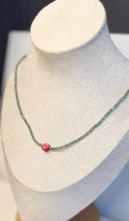 Stretchy Speckled Green Seed Bead Necklace with Vibrant Coral Gemstone Pendant