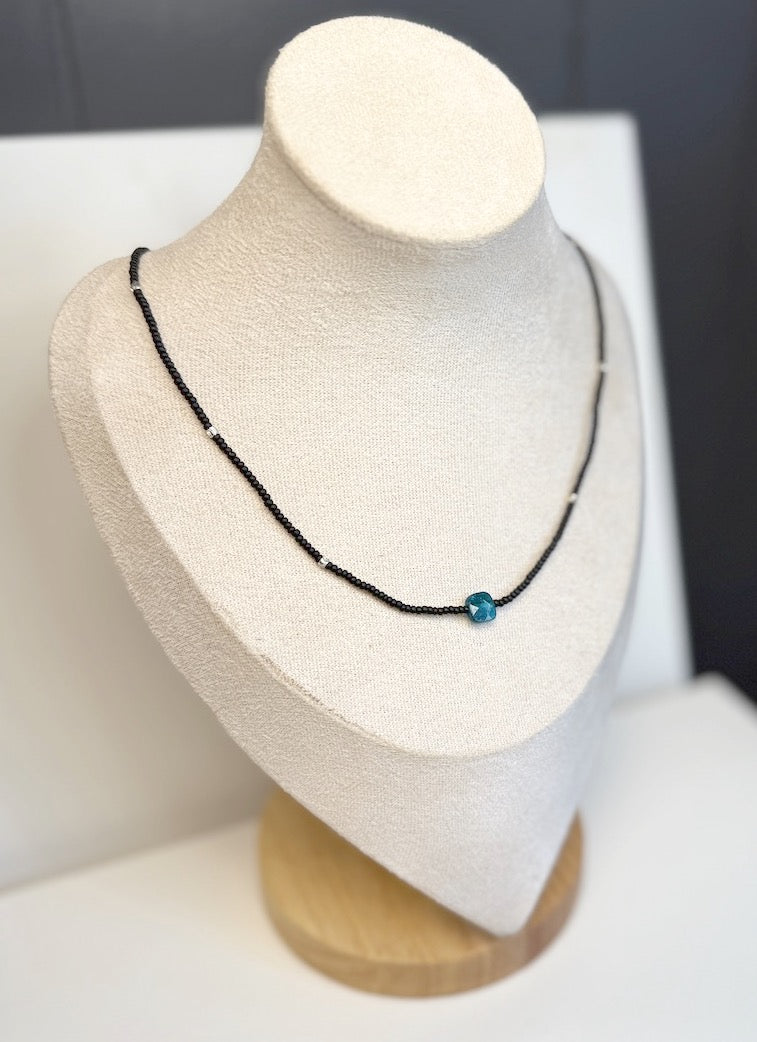 Stretchy Black Seed Bead Necklace with Vibrant Blue Apatite Gemstone Pendant