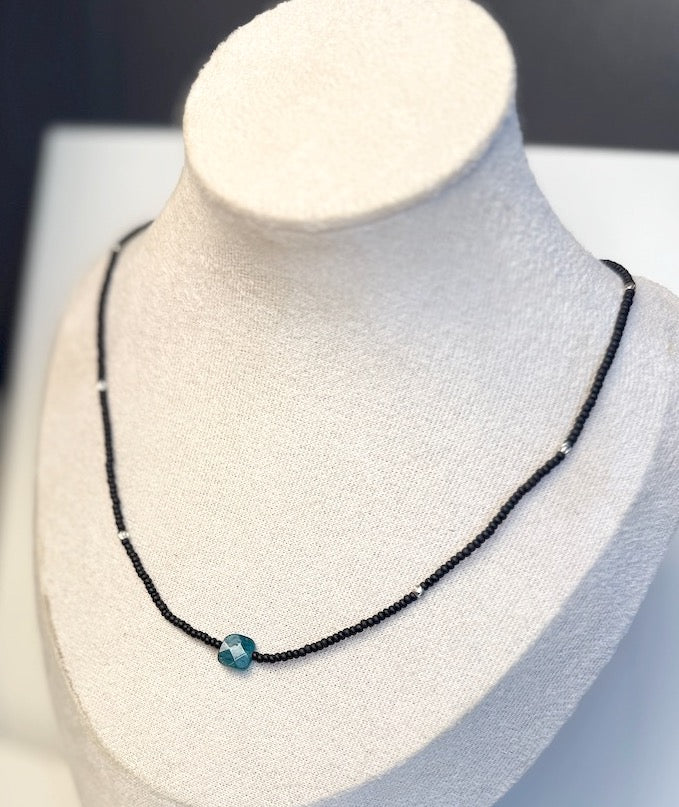 Stretchy Black Seed Bead Necklace with Vibrant Blue Apatite Gemstone Pendant