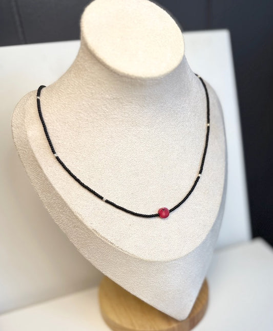 Stretchy Black Seed Bead Necklace with Vibrant Red Coral Gemstone Pendant