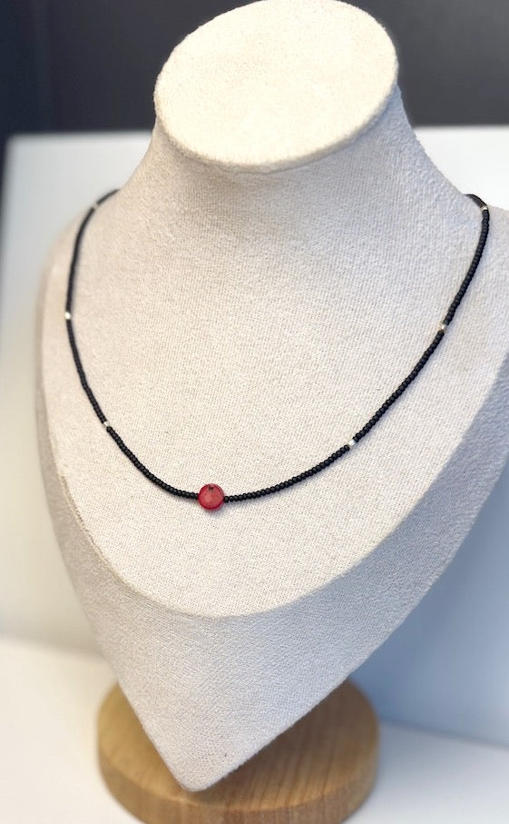 Stretchy Black Seed Bead Necklace with Vibrant Red Coral Gemstone Pendant