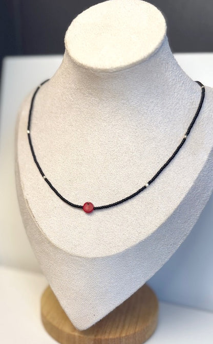 Stretchy Black Seed Bead Necklace with Vibrant Red Coral Gemstone Pendant