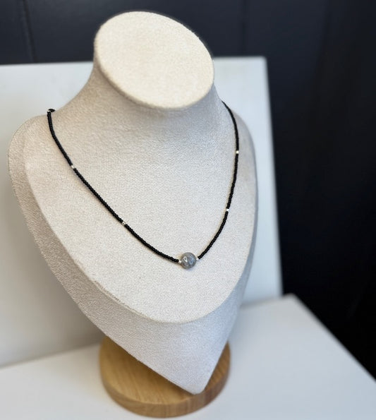Stretchy Black Seed Bead Necklace with Labradorite Coin Gemstone Pendant