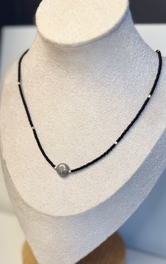 Stretchy Black Seed Bead Necklace with Labradorite Coin Gemstone Pendant