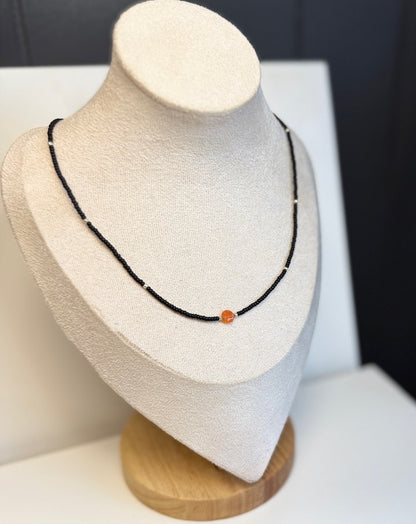 Stretchy Black Seed Bead Necklace with Small Carnelian Coin Gemstone Pendant