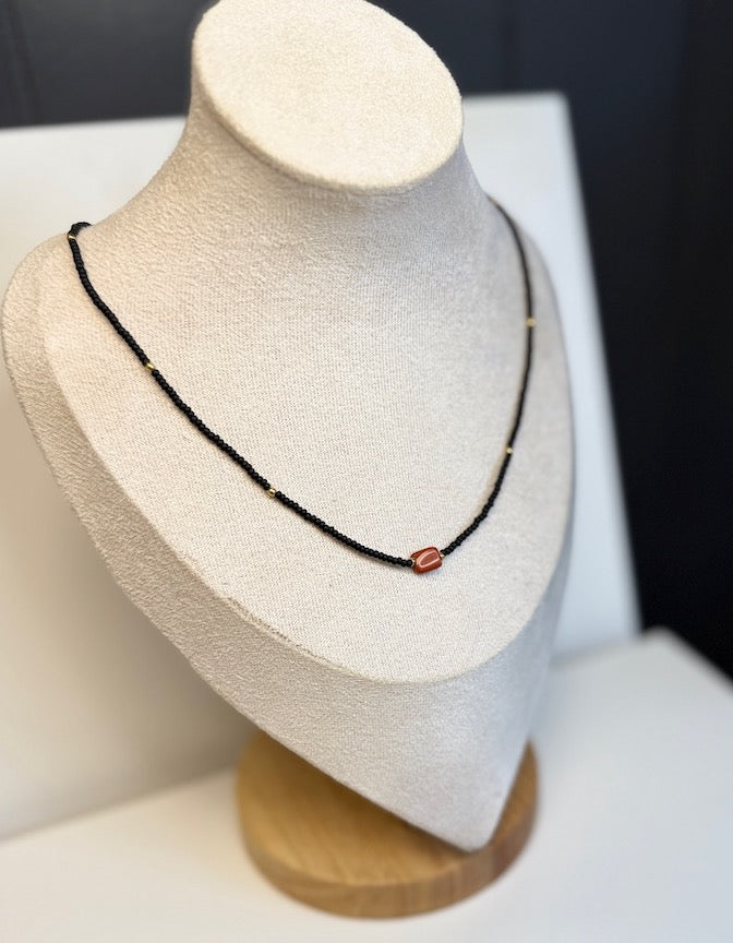 Stretchy Black Seed Bead Necklace with Red Jasper Gemstone Pendant