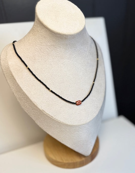 Stretchy Black Seed Bead Necklace with Red Jasper Gemstone Pendant