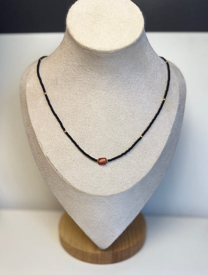 Stretchy Black Seed Bead Necklace with Red Jasper Gemstone Pendant