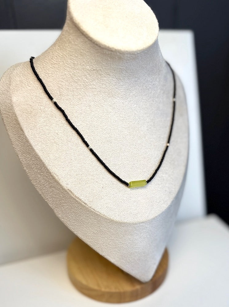 Stretchy Black Seed Bead Necklace with Yellow Jade Gemstone Pendant