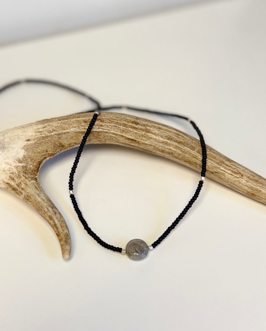 Stretchy Black Seed Bead Necklace with Labradorite Coin Gemstone Pendant