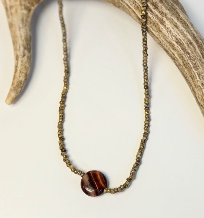 Stretchy Speckled Beige Seed Bead Necklace with Tiger's Eye Coin Gemstone Pendant
