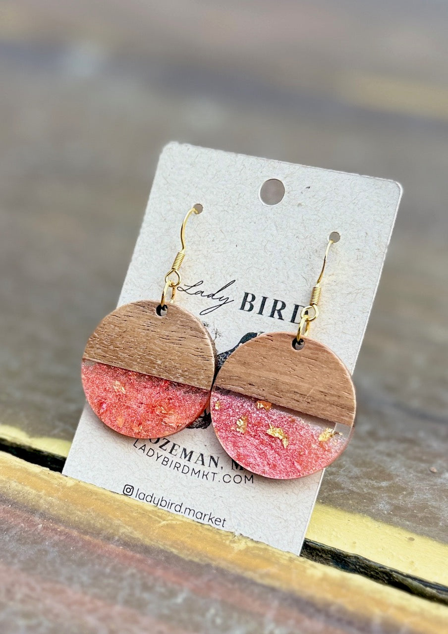 walnut wood and coral pink gold foil resin coin earrings with gold hardware