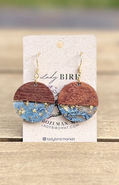 walnut wood and black gold foil resin coin earrings with gold hardware