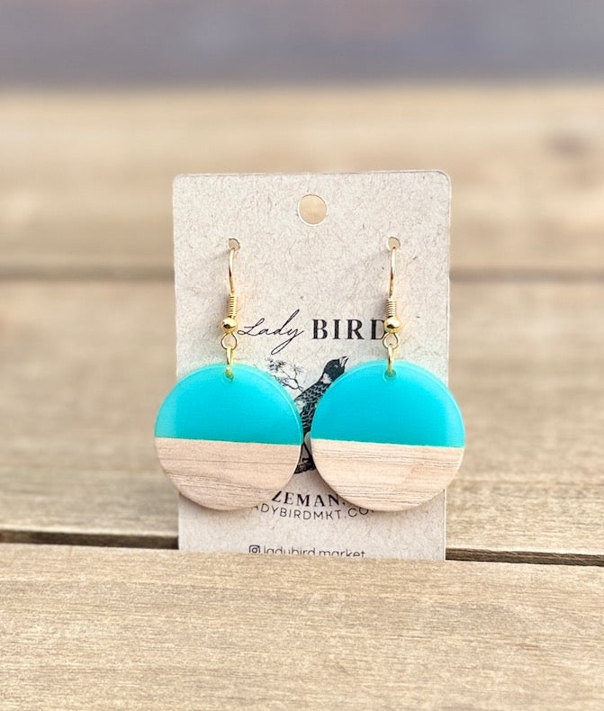 Walnut Wood & Vibrant Turquoise Resin Coin Earrings