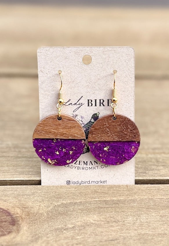 walnut wood and purple gold foil resin coin earrings with gold hardware