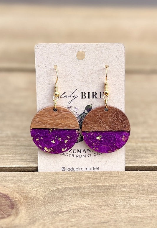 walnut wood and purple gold foil resin coin earrings with gold hardware