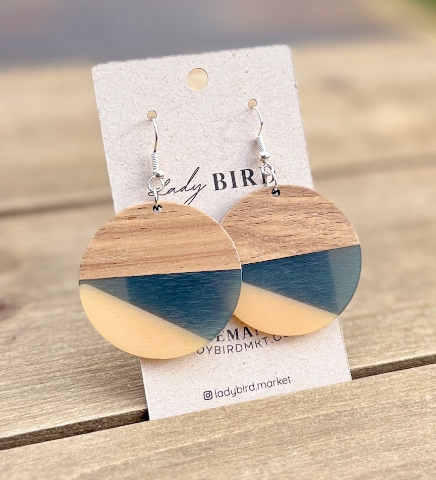 Walnut Wood Zen Black & White Resin Large Coin Earrings