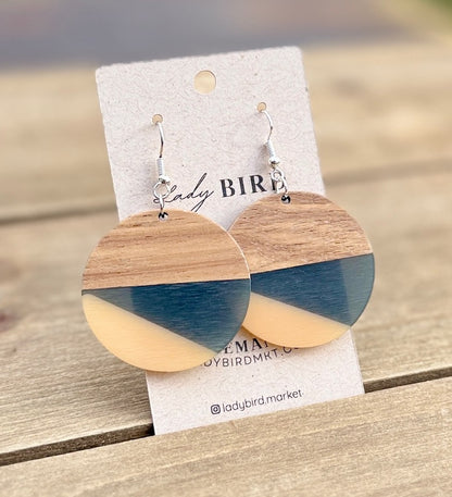 Walnut Wood Zen Black & White Resin Large Coin Earrings