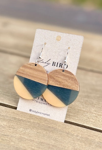 Walnut Wood Zen Black & White Resin Large Coin Earrings