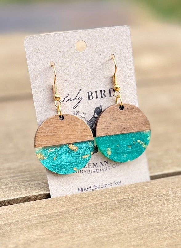 walnut wood and turquoise green gold foil resin coin earrings with gold hardware