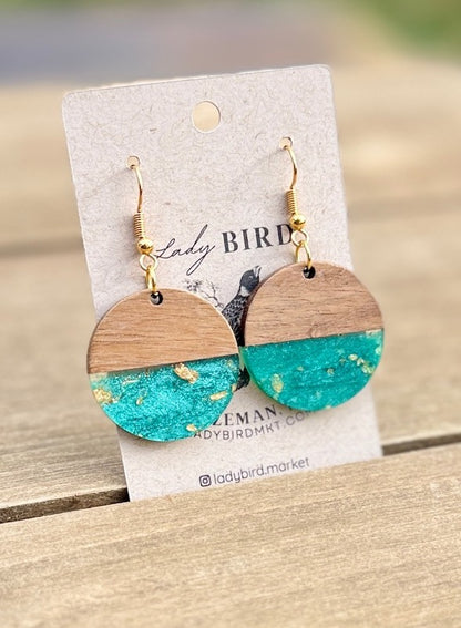 walnut wood and turquoise green gold foil resin coin earrings with gold hardware
