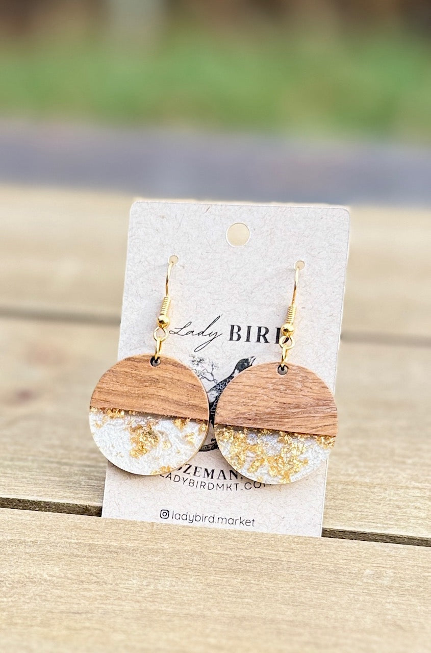 walnut wood and white gold foil resin coin earrings with gold hardware