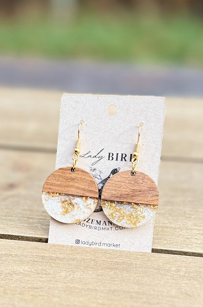 walnut wood and white gold foil resin coin earrings with gold hardware