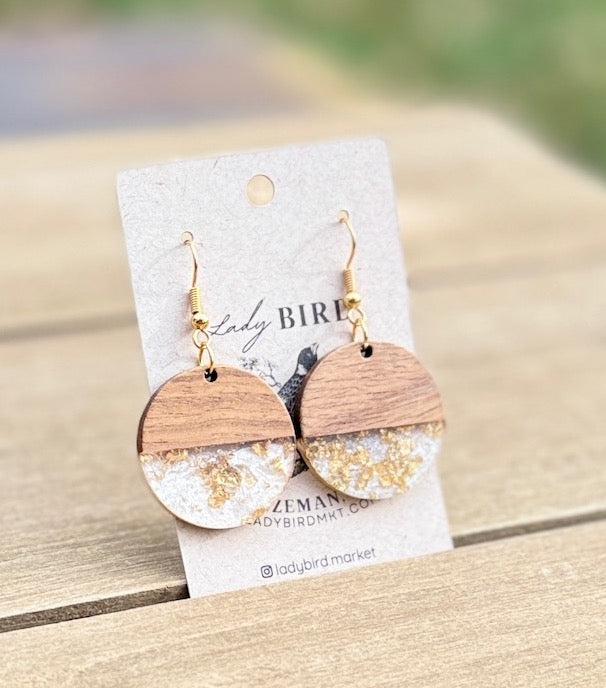 handcrafted wood and white resin dangle earrings with gold