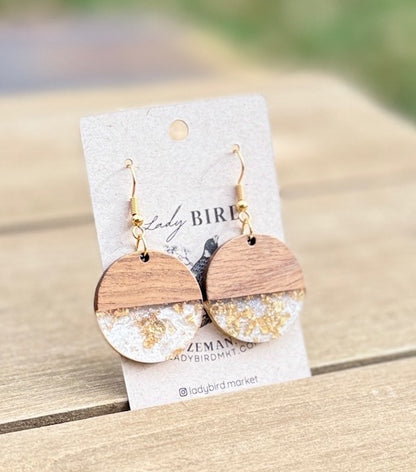 handcrafted wood and white resin dangle earrings with gold