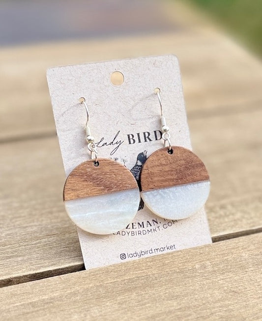 Walnut Wood & Pearly White Resin Coin Earrings