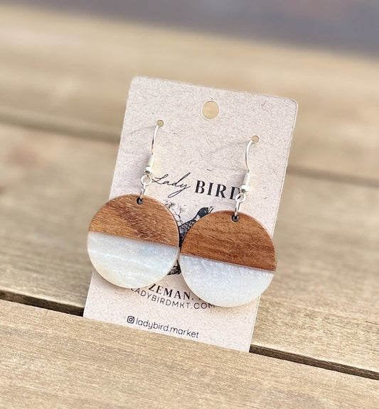 Walnut Wood & Pearly White Resin Coin Earrings