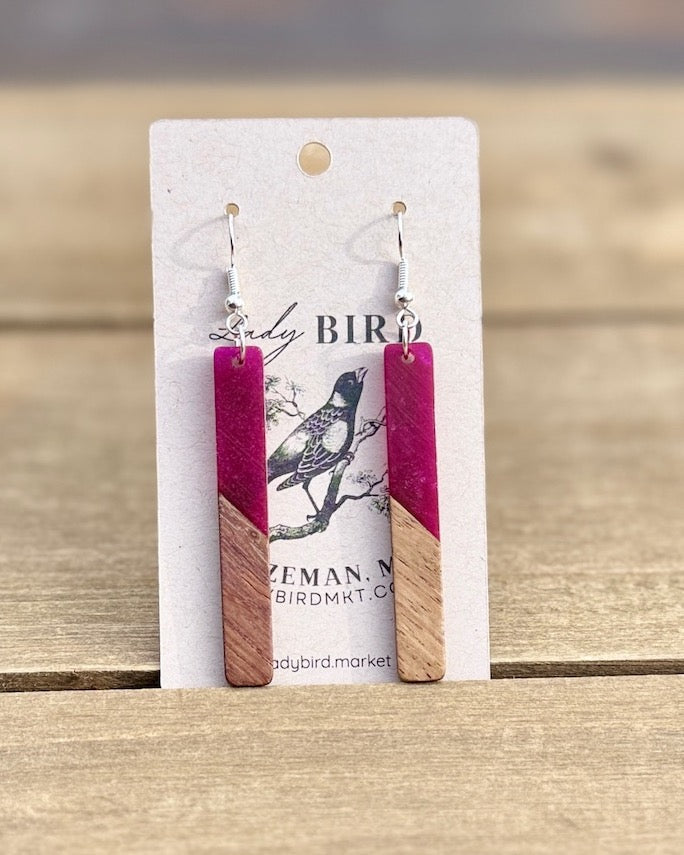 handcrafted wood and purple resin dangle earrings