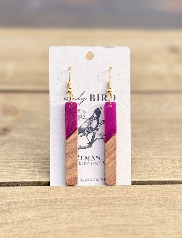 walnut wood and pearly orchid purple resin stick earrings with gold or silver hardware