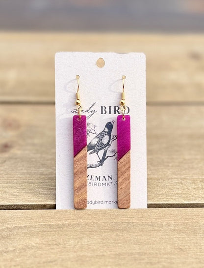 walnut wood and pearly orchid purple resin stick earrings with gold or silver hardware
