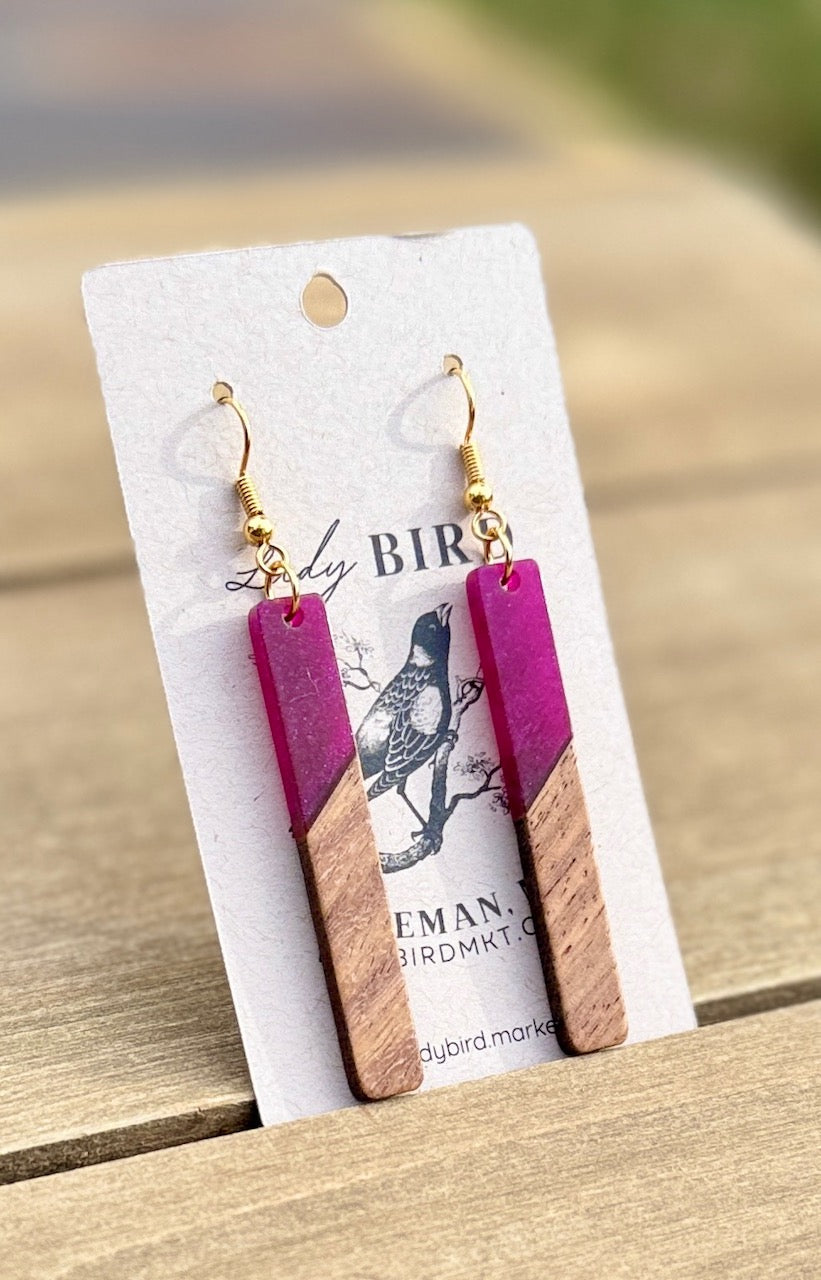 orchid purple resin and walnut wood earrings