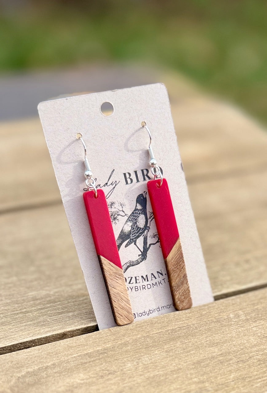 deep cherry red resin and walnut wood earrings